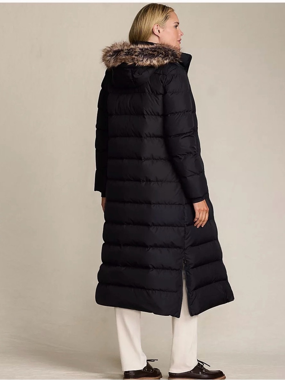 Lands' End Black Long Quilted Down Puffer with Faux Fur Hood - Picture 2 of 8